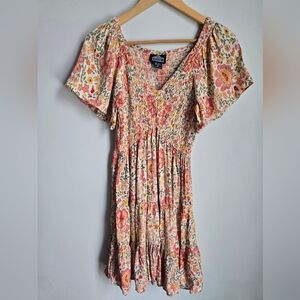 ANGIE Floral Smocked Rayon Dress - Pink, Cream, Green